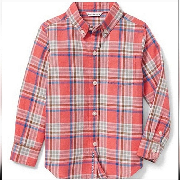 Janie and Jack Other - Janie and Jack BOY "Croquet Club" Salmon Linen Plaid Dress Oxford Shirt Size 6